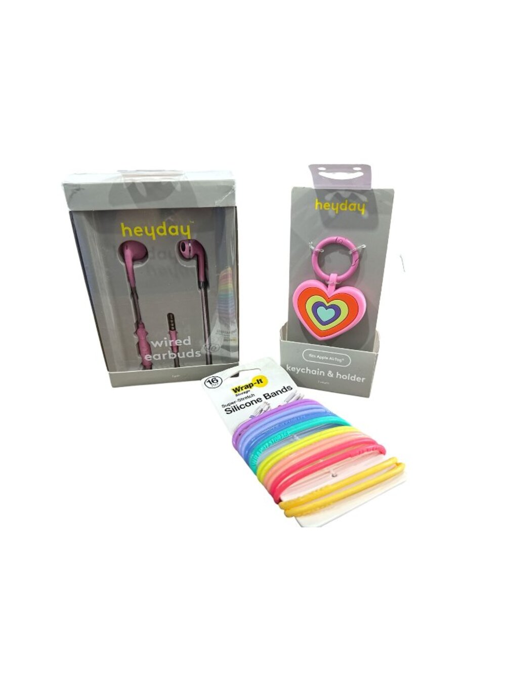 Heyday Wired Earbuds, Heart Keychain Holder & Wrap-It Silicone Bands Set
